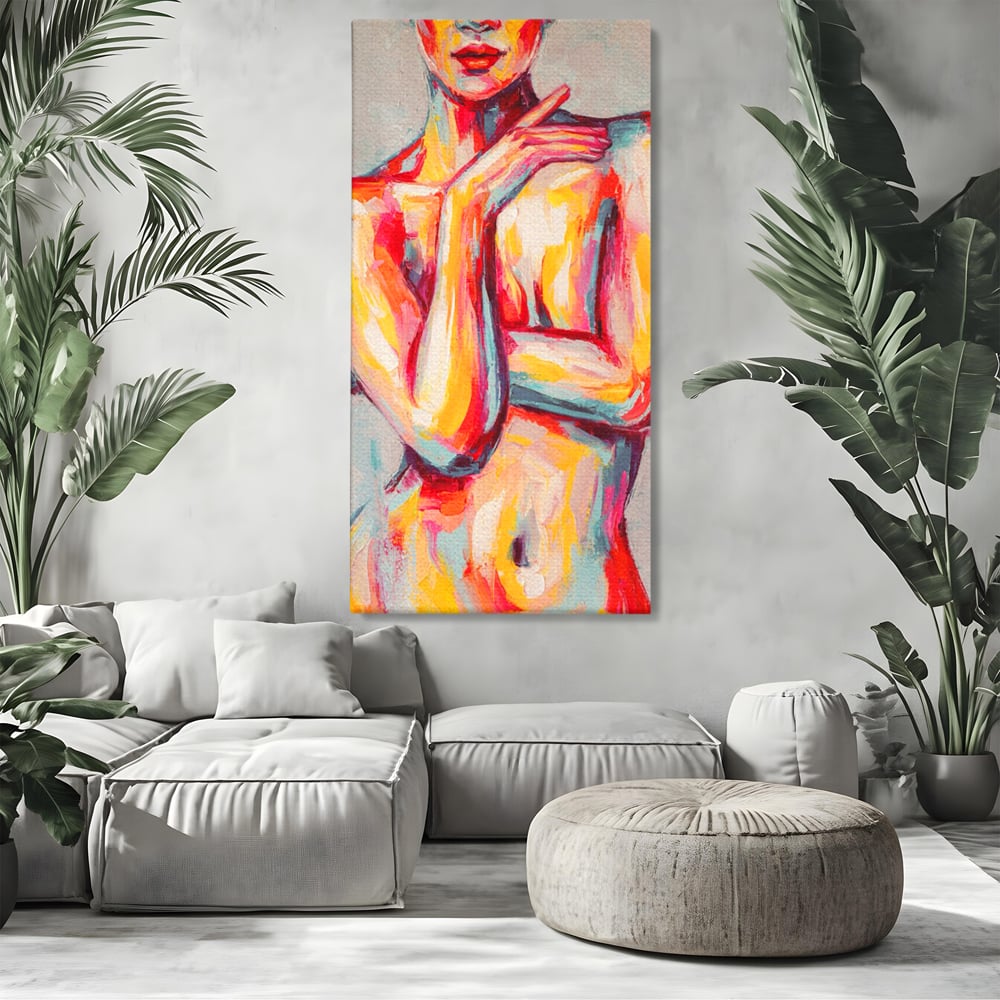 Tablou canvas cu tablou canvas cu femeie nud abstracta, fara rama, pe sasiu de lemn, pe perete intr-un living